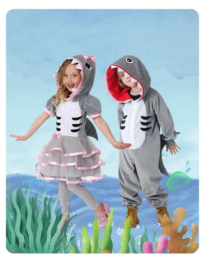 Shark Costume Boys Girls Grey Shark Cosplay Ocean Animal Theme Party Halloween Carnival Dress Kids Game Play Stage Performance