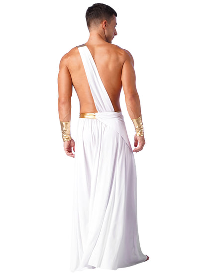 Mens Ancient Greek God Toga Gladiator Costume Roman Emperor One Shoulder Sleeveless Robe Halloween Medieval Warrior Dress Up