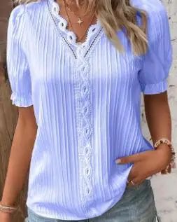 2025 Summer New Women's Blouse Top Solid Sexy V-Neck Hollow Short Sleeve Fashion Splice Plus Size Loose Street Apparel Shirt