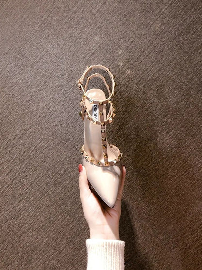 Riveted Nude High Heel Sandals for Women in Summer 2024, New Slim Heeled Pointed Fashion Sexy Back Empty Women's Sandals