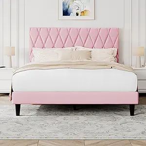 King Platform Bed Frame with Storage Space, Fabric Upholstered Headboard, Fully Upholstered Mattress Foundation, No Box Spring N