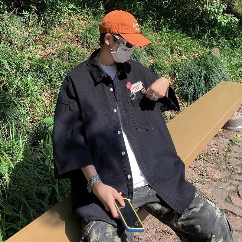 Retro Japanese Style Pocket Badge Denim Short Sleeve Casual Shirt Men's Loose Collar Jacket Trendy Summer Clothing