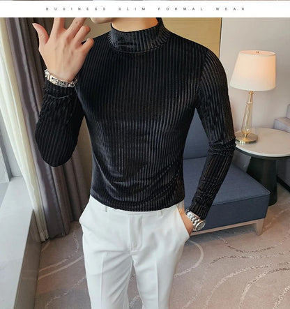 New Gold Velvet T Shirt Men Clothing Fashion Trend Male Luxury Prom Party Long-sleeved Striped Pullover Tops Homme
