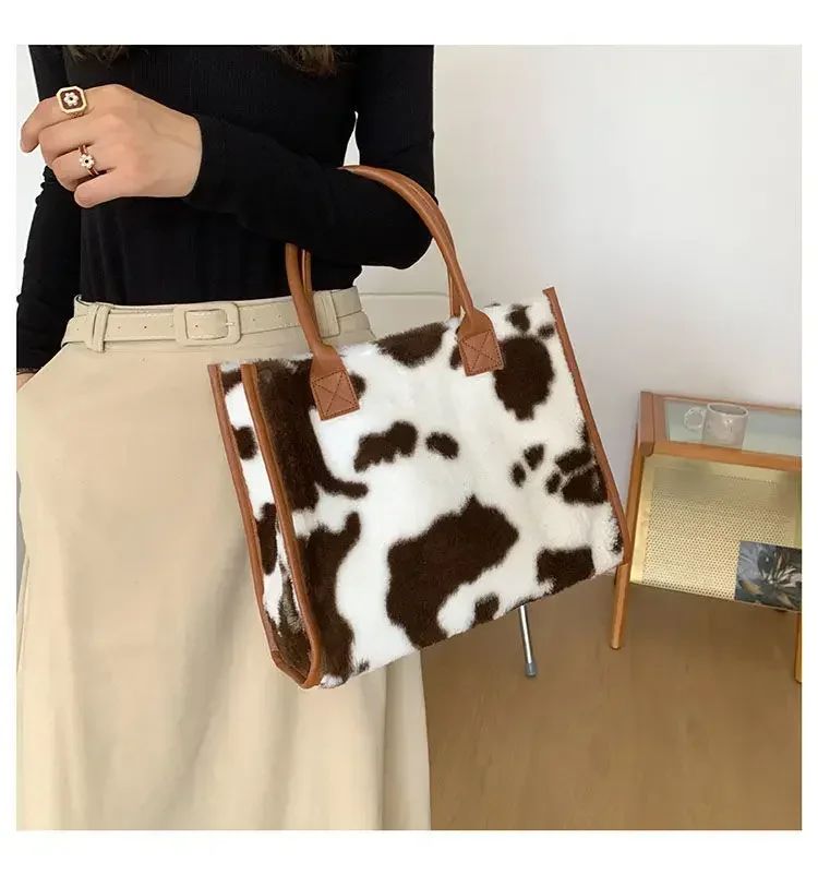 New Women Soft Plush Hand Bag New Winter Leopard Cow Print Tote Bags Female Pu Leather Underarm Bags Furry Fluffy Shoulder Bag