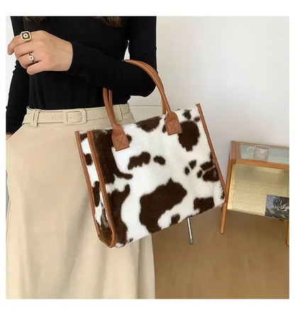 New Women Soft Plush Hand Bag New Winter Leopard Cow Print Tote Bags Female Pu Leather Underarm Bags Furry Fluffy Shoulder Bag