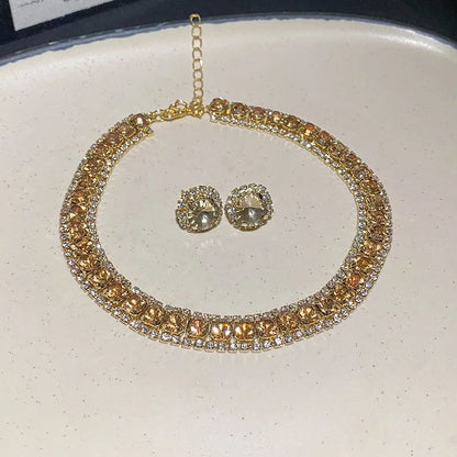 Conjunto de Joias Femininas Modernas com Colar e Brincos Decorados com Strass, Acessórios da Moda para Festas e Decoração de Roupas do Dia a Dia