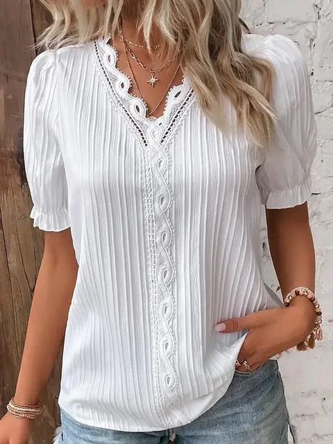 2025 Summer New Women's Blouse Top Solid Sexy V-Neck Hollow Short Sleeve Fashion Splice Plus Size Loose Street Apparel Shirt