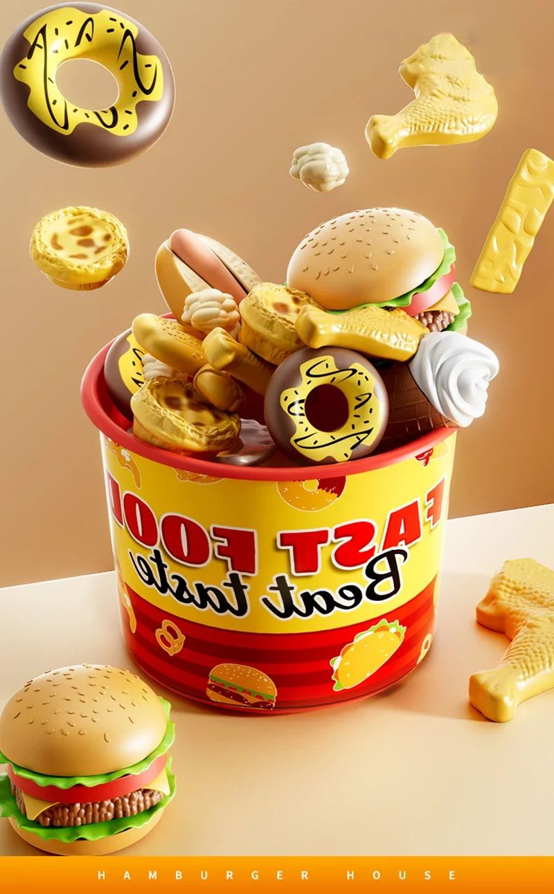 Conjunto de Brinquedos de Cozinha Infantil Simulação de Hambúrguer Pizza Batata Frita Brinquedo de Faz de Conta Comida Cozinha Jogo de Cortar Brinquedo Interativo Montessori Presente