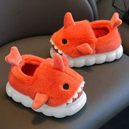 Winter Heel Wrap Cotton Children's Slippers Cute Cartoon Shark Non-slip Soft Sole Kids Boys Girls Junior Warm Plush Home Shoes