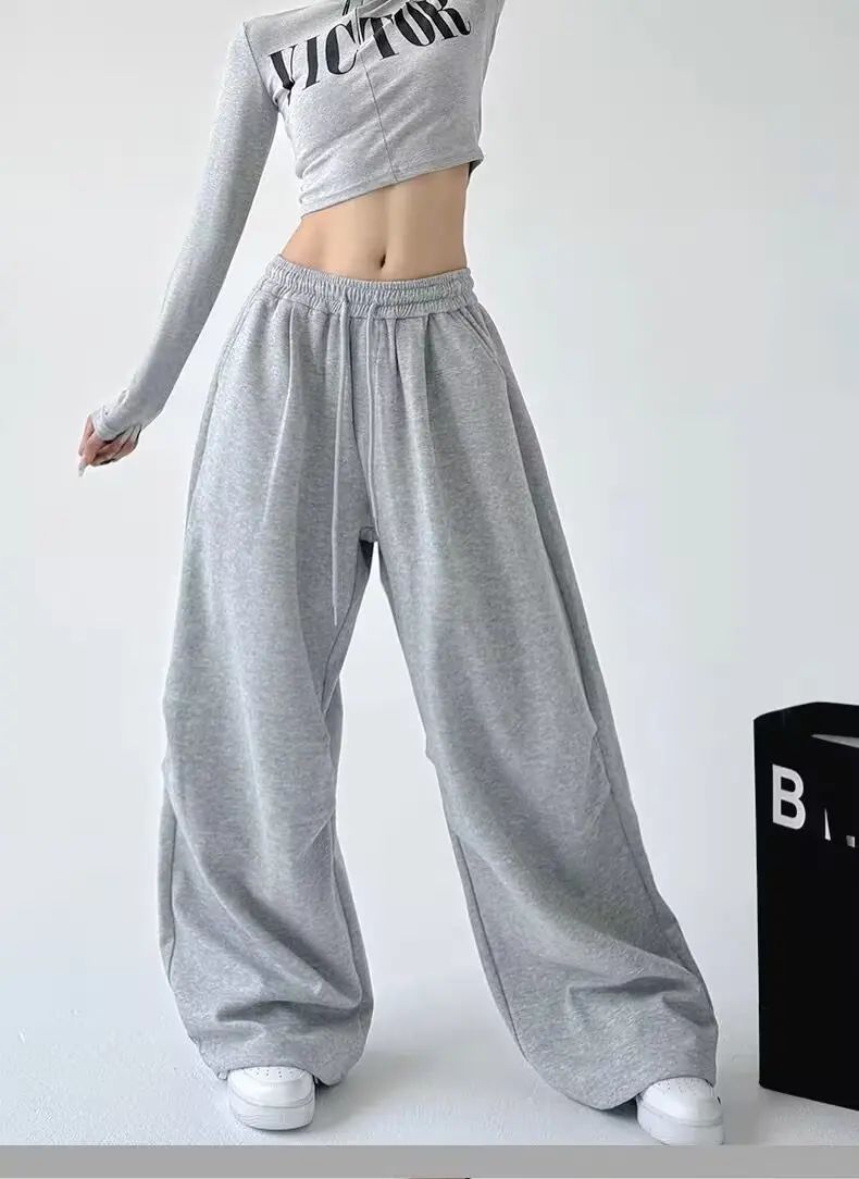 Calça Esportiva Cinza de Cintura Alta Solta Masculina Feminina Casual Perna Larga Calças Estilo Primavera Outono Confortável Moletom Roupa de Trabalho
