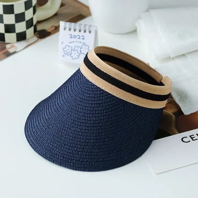 2025 New Summer Outdoor Visor Cap Casual Shade Hat Straw Wide Empty Top Sun Hat Anti Uv Female Large Brim Beach Sunhat Lady