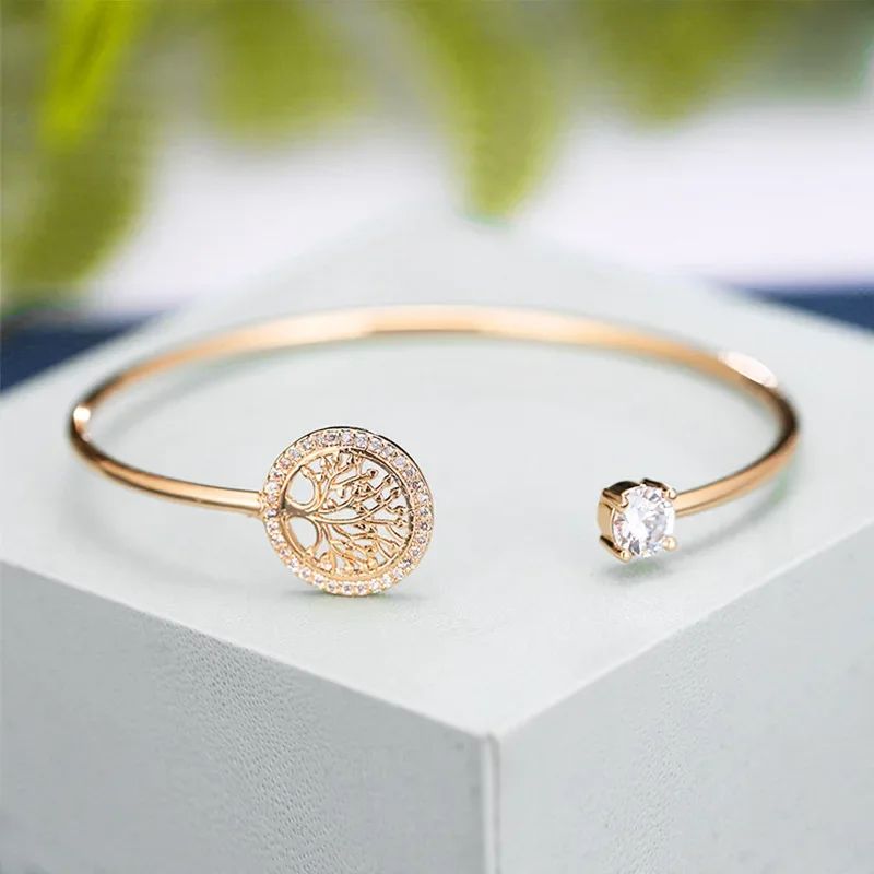 Pulseira Elegante Árvore da Vida com Zircônia, Estilo Europeu e Americano, Simples e Delicada, para Mulheres, Aberta, Joia para Festas
