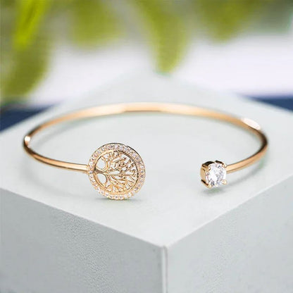 Pulseira Elegante Árvore da Vida com Zircônia, Estilo Europeu e Americano, Simples e Delicada, para Mulheres, Aberta, Joia para Festas