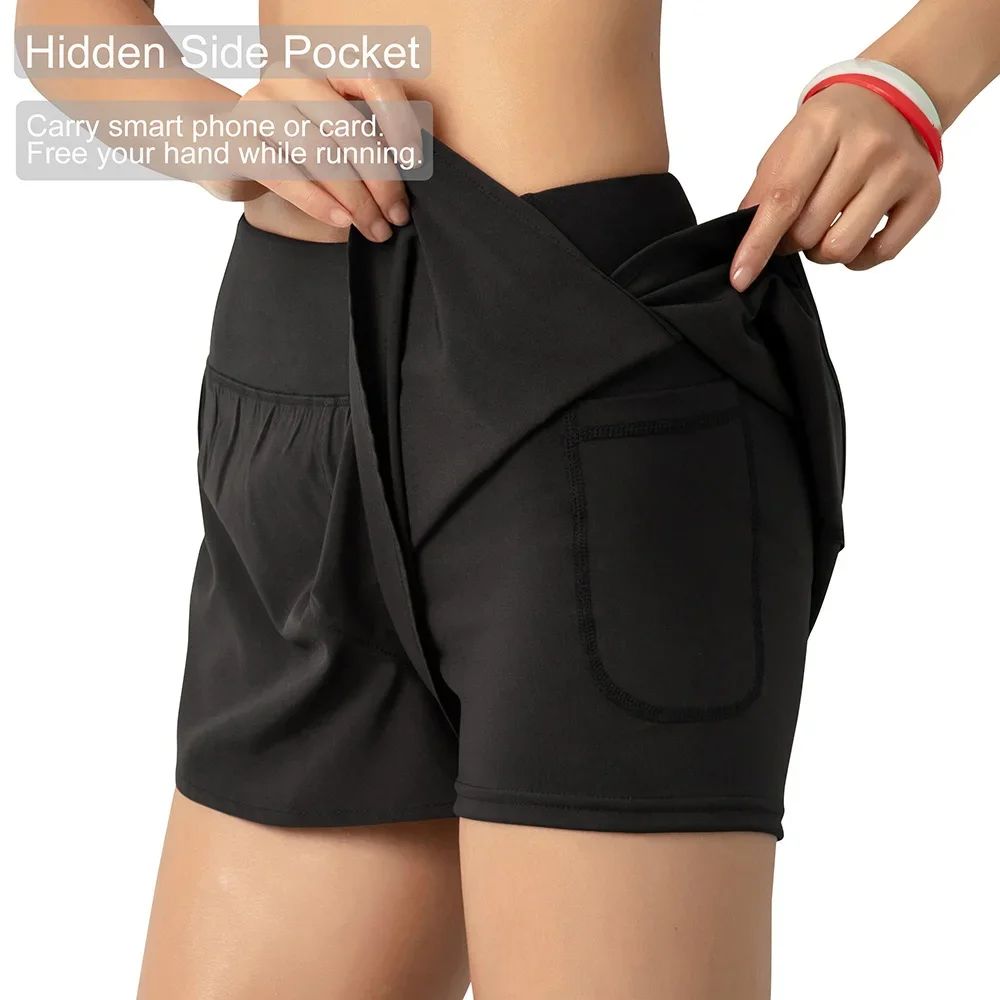 Women Running Shorts 2-in-1 with Pocket Wide Waistband Coverage Layer Liner Lounging Sports Yoga Leggings Gym Fitness Shorts