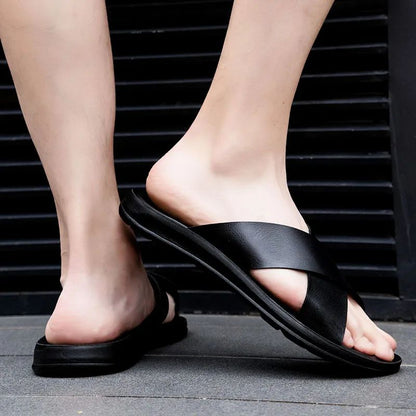 Men Shoes New  Summer Shoes Italian Leather Slippers Men High Quality Size 38-47 Beach Slip on Flats Man Flip Flops Mens Sandals