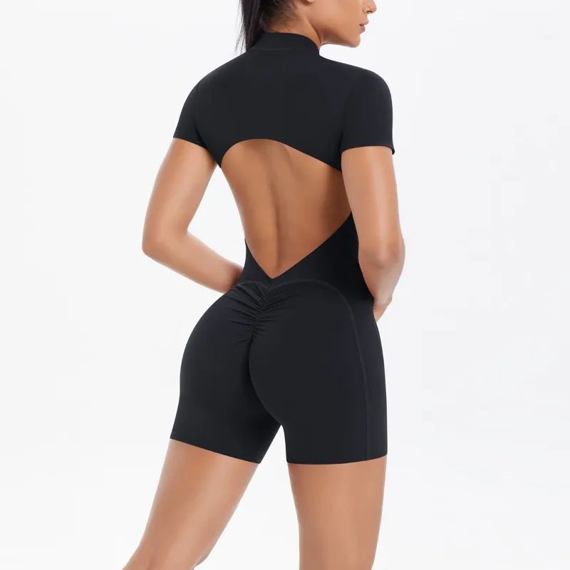 Women's Seamless Yoga Jumpsuit - Front Zip Open Back Breathable One-Piece Bodysuit for Gym Running Fitness Workout