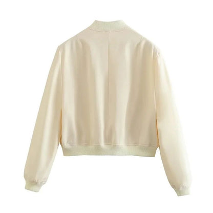 Woman Bomber Jacket Coat White Autumn Winter Button Baseball Aviator Cropped Jackets for Women Long Sleeve Crop Outerwear