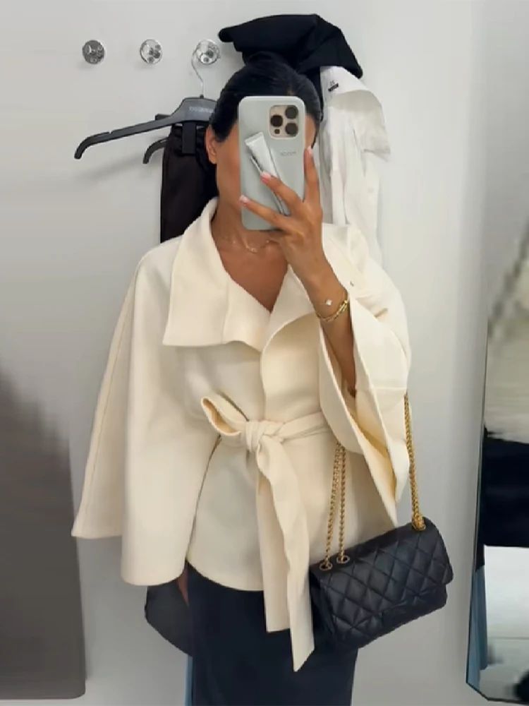 chic vintage cape jacket with belt stand neck single breasted loose coat loose flare sleeve coats early lady autumn Y2K outwears