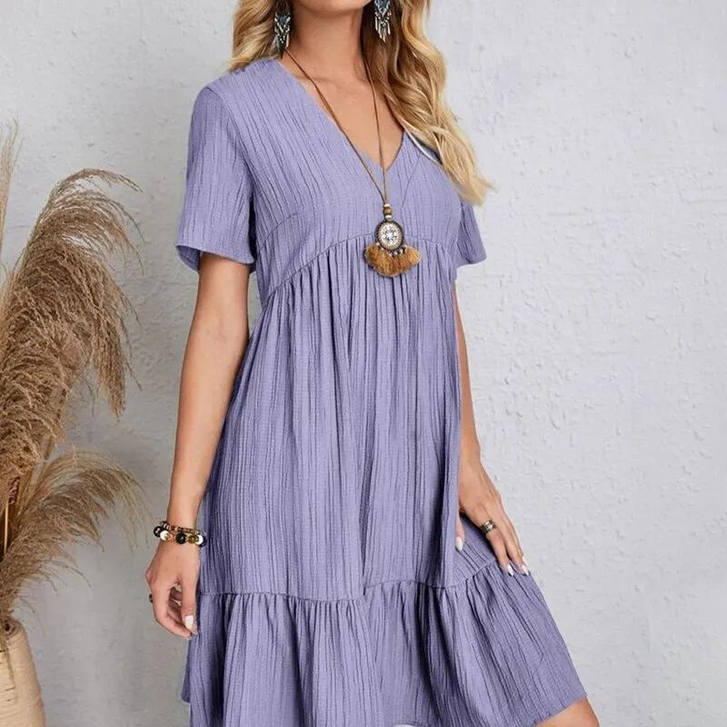 Women Summer Peplum Dresses Spring V-Neck Short Sleeve Loose Waist Ruffle Fit Fl