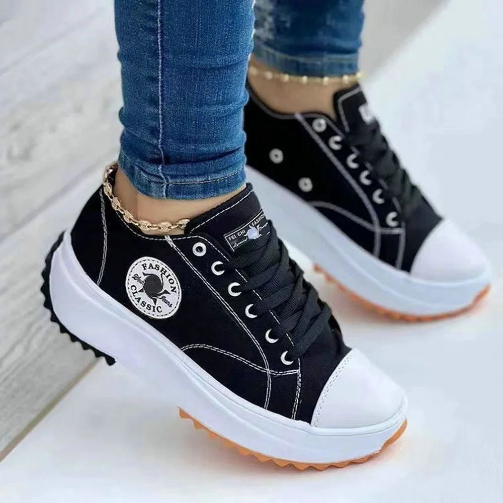 Women’s Pattern Canvas Sneakers  Casual Flat Lace-Up Shoes Zapatillas Mujer Chaussure Femme