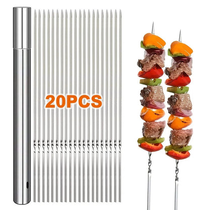 20Pcs Barbecue Skewer with Storage Tube Stainless Steel Reusable Flat BBQ Needle Stick for Outdoor Camping Party BBQ Accessories