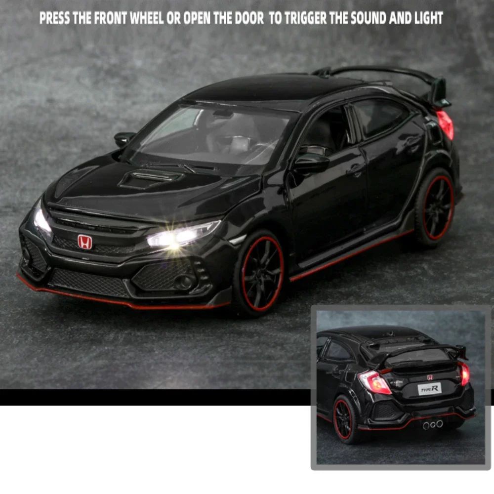 Carrinhos de brinquedo Honda Civic Type-R em liga metálica, escala 1:32, modelos fundidos com som e luz, veículos em miniatura, presentes de aniversário para crianças e adultos