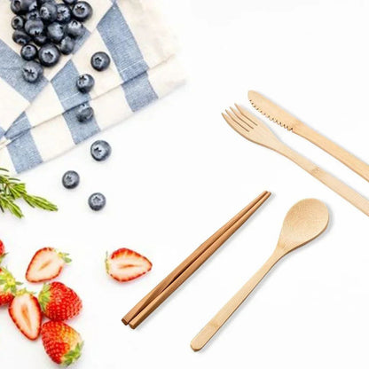 Conjunto Portátil de Talheres Reutilizáveis de Bambu Garfo Faca Colher de Madeira com Estojo de Viagem Utensílios de Cozinha Ecológicos