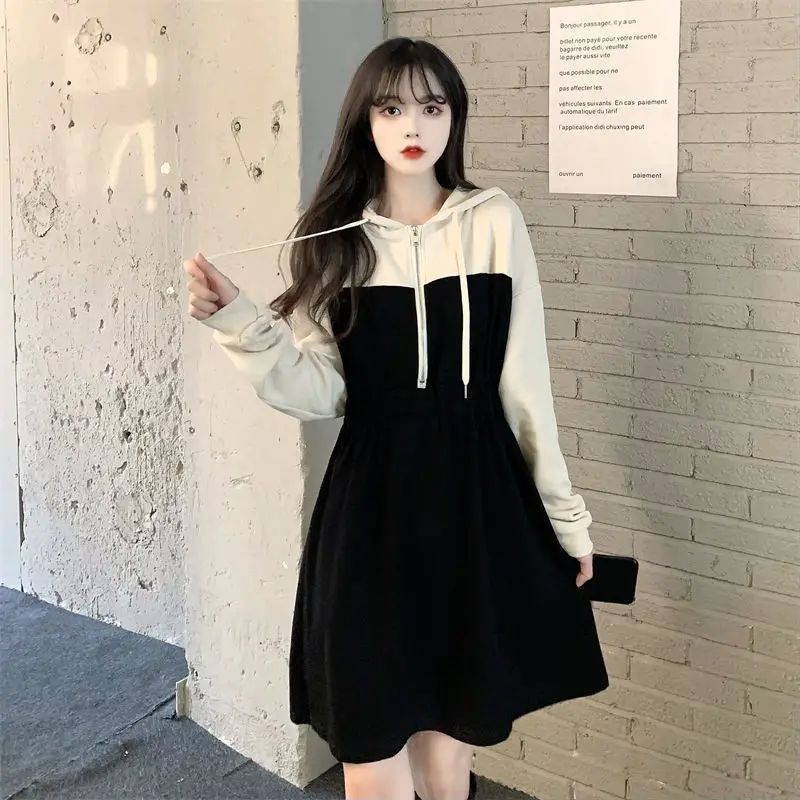 Plus Size Casual Color Blocking Hooded Slimming Dress Early Autumn New Style Drawstring Slim Fit Cropped Versatile Dress For Plu