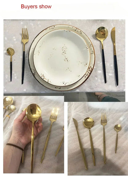 Conjunto de talheres de aço inoxidável banhado a ouro e titânio preto, com 5 peças, cabo com talheres de boca e conjunto de talheres de mesa