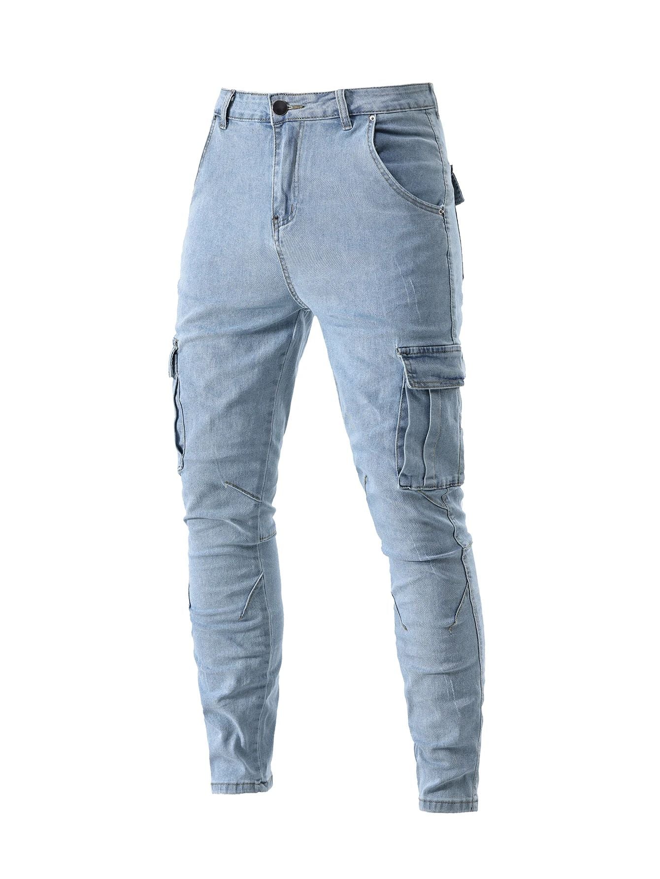 Calça Jeans Masculina Cargo Elástica Slim Fit Masculina Calça Jeans Cor Sólida Multi Bolsos Casual Skinny Calças Masculinas Roupa Masculina