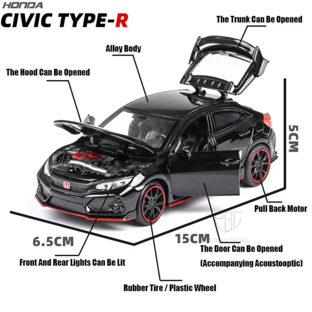 Carrinhos de brinquedo Honda Civic Type-R em liga metálica, escala 1:32, modelos fundidos com som e luz, veículos em miniatura, presentes de aniversário para crianças e adultos