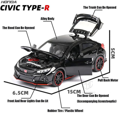Carrinhos de brinquedo Honda Civic Type-R em liga metálica, escala 1:32, modelos fundidos com som e luz, veículos em miniatura, presentes de aniversário para crianças e adultos