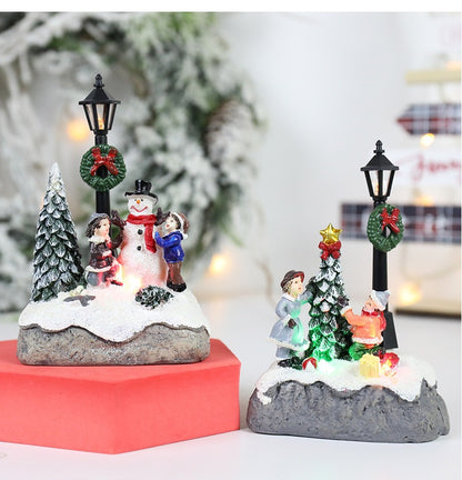 LED Christmas Village Ornaments Microlandscape Resin Figurines Decoration Santa Claus Pine Needles Snow View Holiday Gift