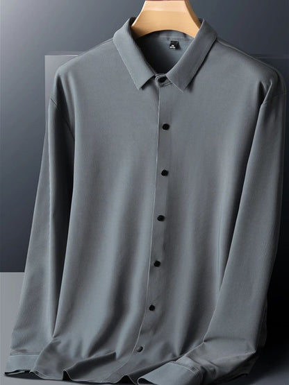 Stretch Elastic Stripe Men's Shirt Long Sleeve Classic Blouse Male Elegant Work Big Size Plus Large High Quality Ice Silk Social