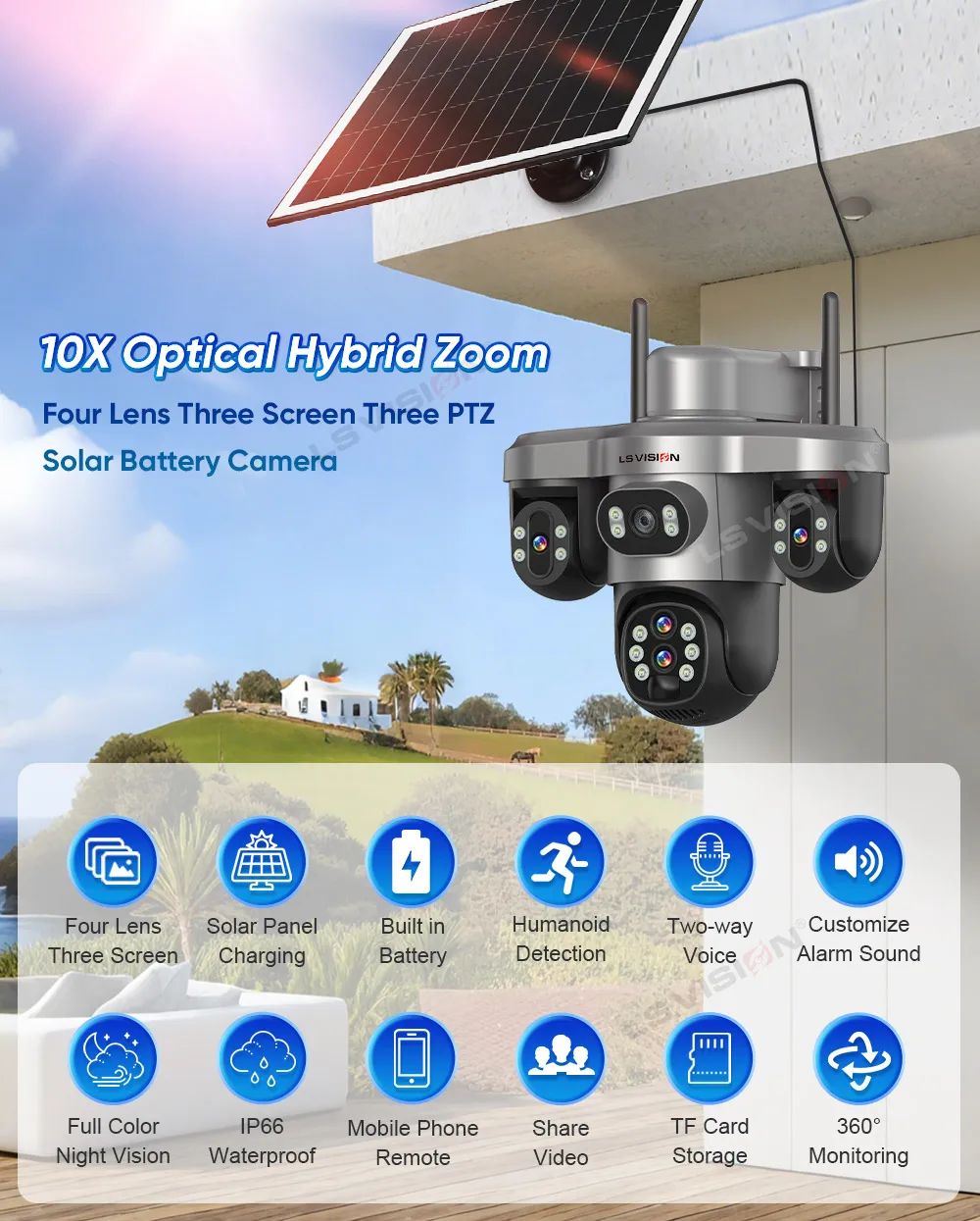 LS VISION 20MP 10X Optical Zoom Three PTZ Lens Solar Camera Outdoor WiFi/4G Three Screen Auto Tracking Security Cameras V380 Pro