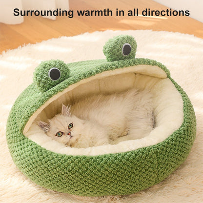 Nova Cama para Animais de Estimação Inverno Quente Toca para Cão Gato Vilinha Pelúcia Colchão para Pets Pequeno Formato Sapo Semi-Fechada Casa para Gatinhos Filhotes Suprimentos para Animais de Estimação
