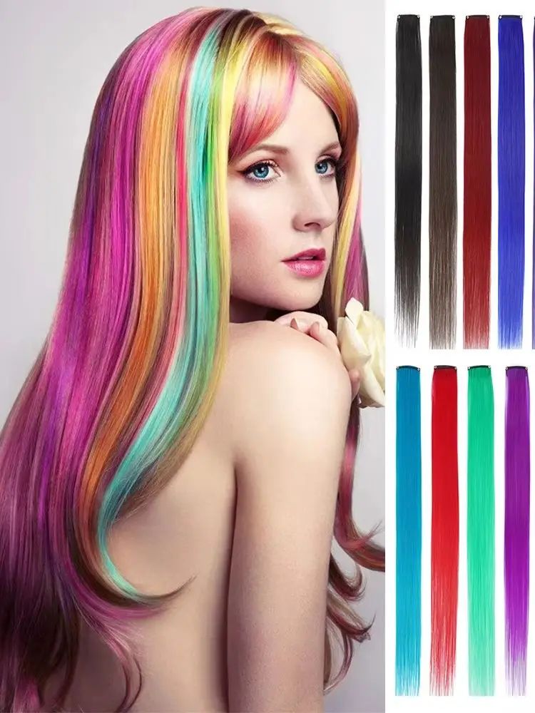 Colored Highlight 22 Inch Synthetic Hair Extensions Rainbow Long Straight Hairpieces for Women Kids Girls Purple Pink Blue