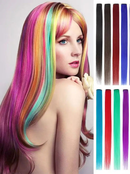 Colored Highlight 22 Inch Synthetic Hair Extensions Rainbow Long Straight Hairpieces for Women Kids Girls Purple Pink Blue