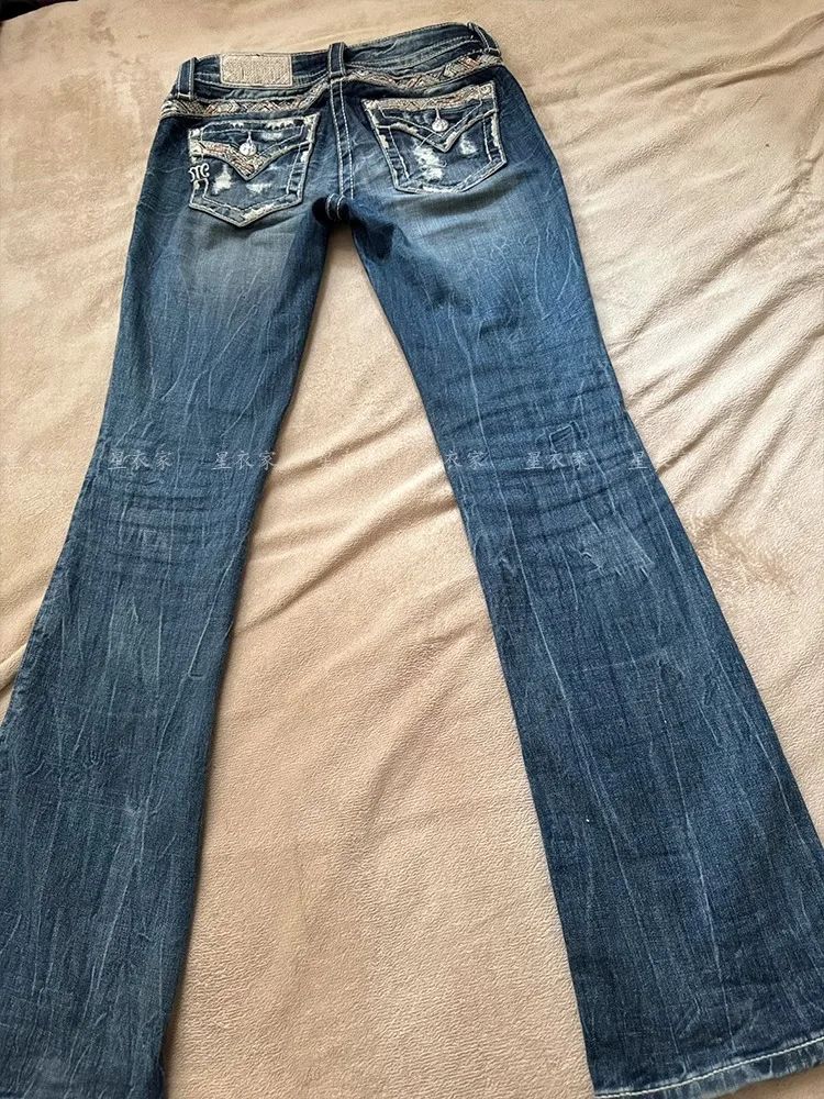 Retro American Washed Low Waist Bell Bottom Jeans Women's Y2K Millennium Sexy Lace Trimmed Floor Length Pants