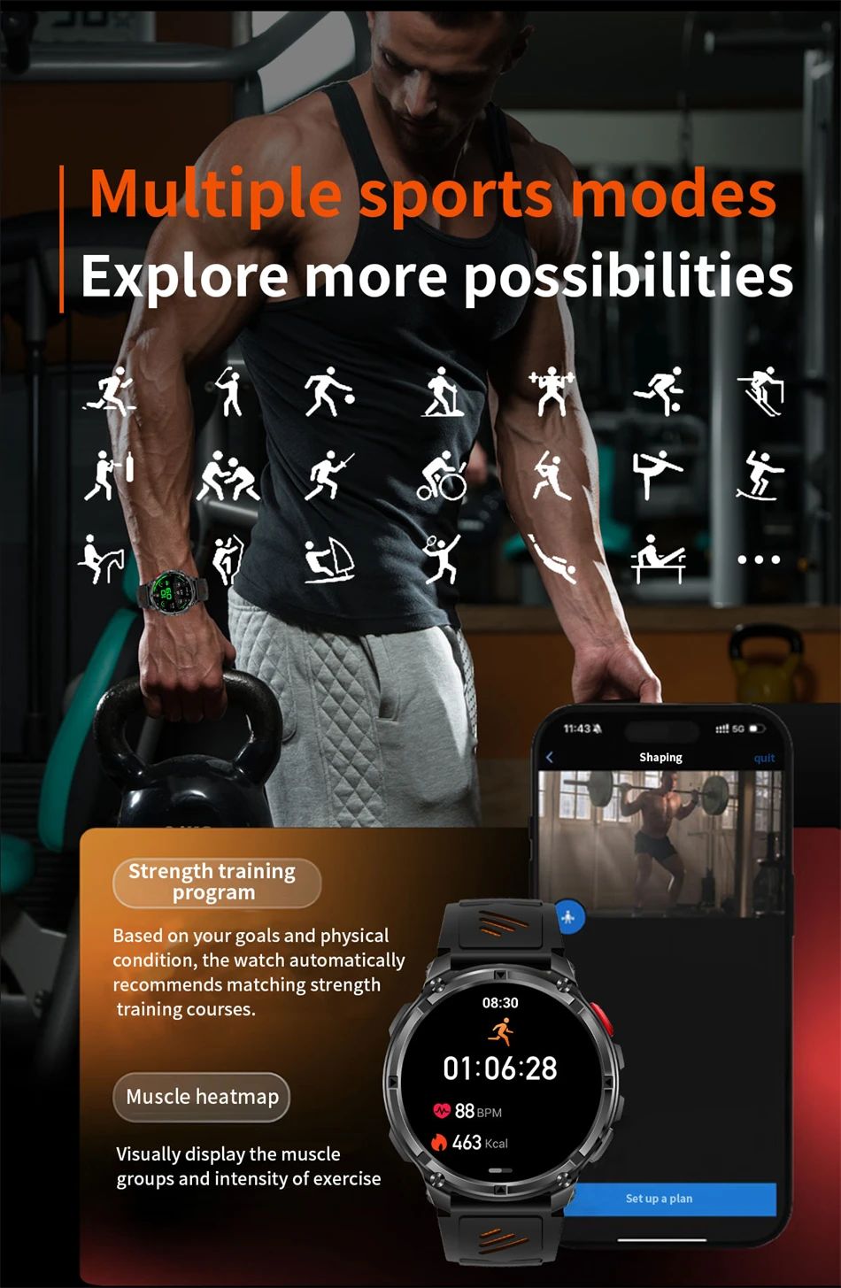 Smartwatch Masculino Externo Ultra Durável Bateria 1100mAh Relógio de Saúde Bússola Assistente de Voz Chamada À Prova D'água Esporte Smart Watch Masculino