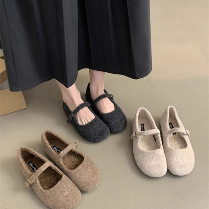 Fashion Square Toe Fleece Flet Ballet Flats Woman Winter Warm Wool Mary Jane Shoes Ladies Brand Design Elegant Plush Loafers