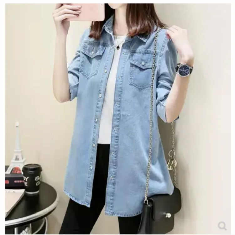 2025 Autumn Winter Medium-Length Slimming Denim Shirt Women's Long Sleeve Underwear Cotton Denim Jacket Plus Size