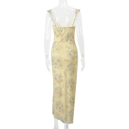 Retro V Neck Dresses Yellow Sleeveless Flower Print  Maxi Long Dress Elegant Hig