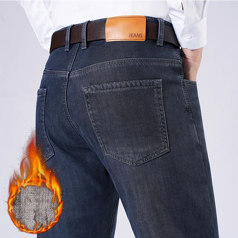 Men's Fleece Straight Leg Jeans Winter Thick Warm Business Casual Velvet Pants Elastic Loose Trousers Outdoorwear