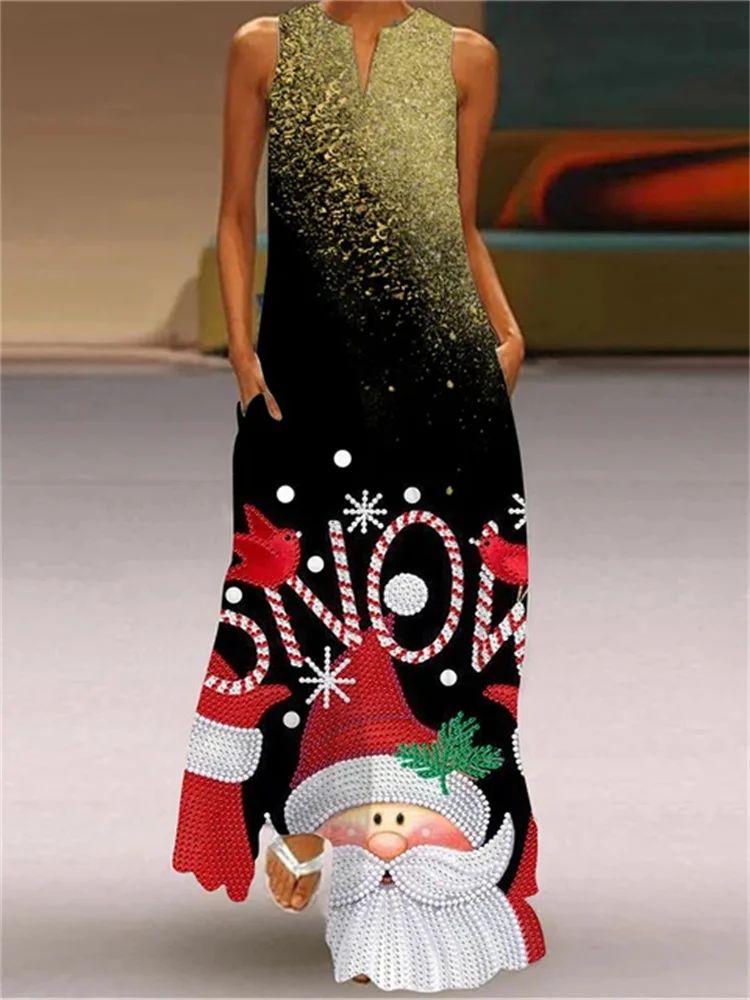 Christmas Dress For Womens Cute CartoonChristmas Element Pattern Print Maxi Dress Sexy Sleeveless V-neck Casual Long Dress Robe