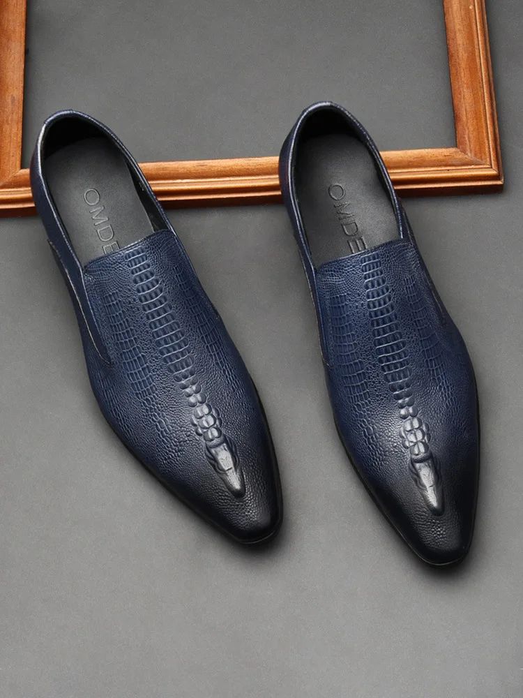 Handmade Mens Wedding Oxford Shoes Black Blue Genuine Leather Flat Dress Shoes Crocodile Pattern Summer Business Formal Loafers