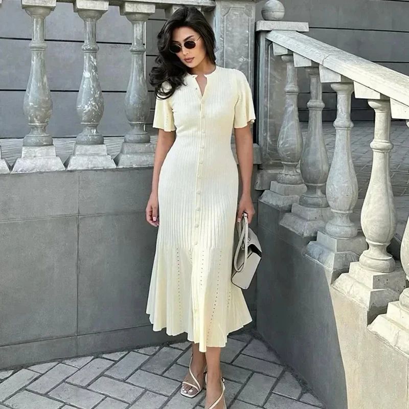 Elegant Knit Dress For Women White Slim O-neck Single Breasted Short Sleeve Long