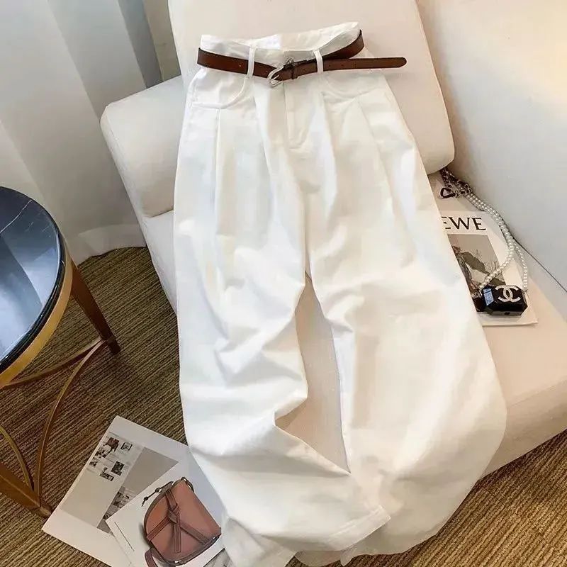 White Wide Leg Jeans High Waist Casual Loose Women's Denim Pants Folded Design Versatile plus Size Floor-Length Trousers