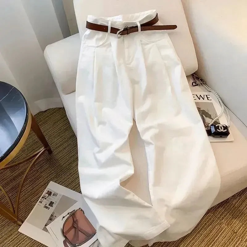White Wide Leg Jeans High Waist Casual Loose Women's Denim Pants Folded Design Versatile plus Size Floor-Length Trousers