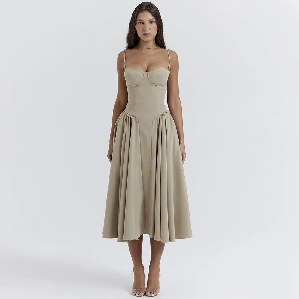 Suninheart Elegant Spaghetti Strap Midi Dress Slim A Line Party Dresses Navy Blu